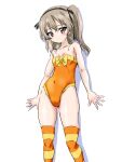  1girl absurdres bangs bare_shoulders black_ribbon blush bow bow_swimsuit breasts brown_eyes closed_mouth commentary covered_navel eyebrows_visible_through_hair girls_und_panzer hair_ribbon highres light_brown_hair light_frown long_hair looking_at_viewer one-piece_swimsuit one_side_up orange_legwear orange_swimsuit ribbon shadow shimada_arisu simple_background small_breasts solo standing strapless strapless_swimsuit striped striped_legwear swimsuit takobe_yadako thighhighs wet white_background yellow_bow 