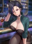  1girl asymmetrical_hair bangs bar black_hair blush bodice breasts chihunhentai choker cleavage cup drinking_glass fire_emblem fire_emblem:_three_houses green_jacket grin highres jacket large_breasts legwear_under_shorts looking_at_viewer low_neckline open_clothes open_jacket pantyhose purple_eyes shamir_nevrand shiny shiny_skin short_hair shorts smile solo wine_glass 