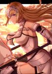  1girl absurdres armor armored_dress bangs bare_shoulders blonde_hair blue_eyes breasts chain closed_mouth dual_wielding elbow_gloves eyebrows_visible_through_hair fate/apocrypha fate/grand_order fate_(series) flag flagpole from_side gloves headpiece highres holding holding_flag jeanne_d&#039;arc_(fate) jeanne_d&#039;arc_(fate)_(all) large_breasts long_hair outdoors solo thighhighs toukan 