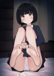  1girl bangs barefoot bed_sheet black_hair blue_jacket blue_skirt blunt_bangs blush bob_cut brown_eyes closed_mouth commentary curtains dress_shirt expressionless feet head_tilt highres jacket koguma_(super_cub) leg_hug nishikasai_munieru on_bed panties pantyshot school_uniform shirt short_hair sitting skirt soles solo super_cub toes underwear white_panties white_shirt 