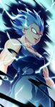  1boy absurdres bare_arms blue_hair bodysuit commentary corruption dragon_ball dragon_ball_heroes electricity english_commentary from_below gloves highres looking_at_viewer male_focus muscular muscular_male pectorals signature sleeveless sm318 smile solo spiked_hair super_saiyan super_saiyan_blue vegeta white_gloves 