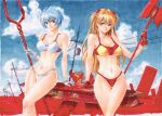 2girls ayanami_rei bangs bikini blue_eyes blue_sky breasts cleavage closed_mouth cloud commentary day english_commentary highres holding holding_spear holding_weapon interface_headset lance_of_longinus long_hair looking_at_viewer marker_(medium) mixed-language_commentary multiple_girls navel neon_genesis_evangelion outdoors parted_lips polearm power_lines rebuild_of_evangelion red_eyes rodrigo_yoshimiya short_hair sky smile souryuu_asuka_langley spear spear_of_cassius swimsuit traditional_media utility_pole wasteland weapon white_bikini 