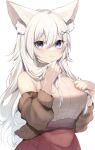  1girl :3 absurdres animal_ear_fluff animal_ears bare_shoulders blue_eyes breasts cardigan commission highres holding holding_hair large_breasts long_hair open_cardigan open_clothes original skeb_commission skirt tamafurin wavy_hair white_hair 