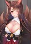  1girl akagi_(azur_lane) animal_ears azur_lane breasts brown_hair brown_kimono brown_tail cleavage_cutout clothing_cutout fox_ears gloves gold_trim highres japanese_clothes kimono kitsune large_breasts looking_at_viewer metal_belt miyagi_ratona multiple_tails open_clothes open_kimono partially_fingerless_gloves red_eyes red_skirt sakuramon shiny shiny_skin skirt solo tail wide_sleeves 