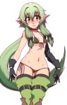  1girl ass_visible_through_thighs asymmetrical_sleeves bikini black_bow black_gloves bow breasts cameltoe choker closed_mouth collarbone covered_nipples elf erkerut eyebrows_visible_through_hair feet_out_of_frame front-tie_bikini front-tie_top gloves goblin_slayer! green_bikini green_eyes green_hair green_legwear groin hair_bow halterneck high_elf_archer_(goblin_slayer!) highres long_hair looking_at_viewer lowleg lowleg_bikini micro_bikini navel pointy_ears shiny shiny_skin side-tie_bikini simple_background small_breasts smile solo standing stomach swimsuit thigh_gap thigh_strap thighhighs very_long_hair white_background 