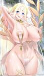  1girl arm_up armpits bare_shoulders bathing blonde_hair blue_eyes blurry blurry_background breast_curtains breasts cerestia_of_life circlet covered_nipples elf fouriasensei hand_on_own_chest highres huge_breasts last_origin long_pointy_ears navel open_mouth outdoors partially_submerged pelvic_curtain pointy_ears rainbow revealing_clothes thighs water 
