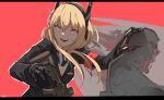  1girl 1other absurdres armband assault_rifle bandana bangs black_hoodie blonde_hair breasts cleavage fangs gar32 girls_frontline gun hair_between_eyes head_grab headset highres hood hood_down hoodie long_hair long_sleeves m4_carbine m4_sopmod_ii m4_sopmod_ii_(girls_frontline) mechanical_arms red_background red_eyes rifle small_breasts upper_body weapon 