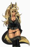  :&lt; ahoge animal_ears ankh_(nsfwolf) big_hair black_bra black_gloves black_panties blonde_hair bra breasts camouflage camouflage_jacket camouflage_pants cleavage clothes_pull dark-skinned_female dark_skin english_commentary gloves highres huge_ahoge jackal_ears jacket knee_pads lace-trimmed_bra lace_trim large_breasts long_tail looking_at_viewer military multicolored multicolored_tail nsfwolf original panties pants pants_pull panty_pull pulled_by_self pussy_peek standing tail thick_eyebrows thigh_gap underwear white_background yellow_eyes 