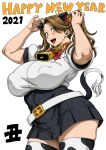  1girl 2021 animal_ear_headwear animal_ears animal_print arms_up bell belt blush bow bowtie breasts brown_eyes brown_hair chinese_zodiac collar covered_nipples cow_ears cow_horns cow_print cow_tail cowbell cowboy_shot eyebrows_visible_through_hair gundam gundam_build_fighters gundam_build_fighters_try hairband happy_new_year highres horns jun_(rojiura_jack) large_breasts long_hair looking_at_viewer looking_to_the_side neck_bell new_year open_mouth pleated_skirt plump pocket sazaki_kaoruko shadow short_sleeves skirt solo standing tail thick_thighs thighhighs thighs twintails white_background wing_collar year_of_the_ox 