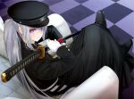  1girl black_coat coat couch crossed_legs fed_(giba) floor gloves hat higuchi_kaede holding holding_sword holding_weapon katana long_hair looking_at_viewer looking_back military military_hat military_uniform nijisanji ponytail purple_eyes silver_hair sitting solo sword uniform virtual_youtuber weapon white_gloves 