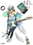  1girl bangs black_pants blue_eyes blunt_bangs choker earrings full_body grey_hair guitar hat instrument jacket jewelry long_sleeves looking_at_viewer microphone original pants paper shoes short_hair simple_background solo spiked_choker spikes standing sunglasses tanaka_hirotaka white_background white_headwear 