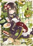  1girl absurdres aoi_yugina apron bangs black_kimono blush brown_eyes brown_hair cake cake_slice cat choker closed_mouth eyebrows_visible_through_hair flower flower_knot food frilled_choker frilled_sleeves frills hair_flower hair_ornament hand_up highres holding japanese_clothes kimono leaf long_hair long_sleeves looking_at_viewer maid_apron maid_headdress messy_hair off_shoulder original sidelocks sitting smile solo wa_maid wide_sleeves 
