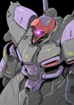  black_background dreissen gatakk glowing glowing_eye gundam gundam_zz highres looking_ahead mecha mobile_suit no_humans one-eyed purple_eyes science_fiction solo upper_body zeon 