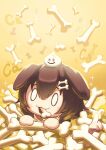  0_0 :3 animal_ears bangs bob-the-bison bone brown_hair chibi dog_ears dragon_quest hair_between_eyes hair_ornament hairclip highres hololive inugami_korone slime_(dragon_quest) virtual_youtuber yellow_background 