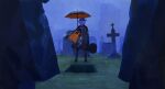  1girl 2others cape commentary_request full_body funeral girls_frontline glasses glowing glowing_eye grass grave graveyard grin guitar_case highres instrument_case multiple_others mush necktie official_alternate_costume out_of_frame outdoors rain smile thompson_(girls_frontline) tombstone umbrella 