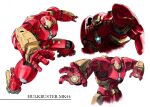  1boy asagen blue_eyes character_name cropped_torso glowing glowing_eyes hulkbuster iron_man leaning_forward looking_down male_focus marvel mecha multiple_views open_hands science_fiction upper_body white_background 