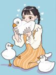  1girl animal aqua_background bird black_hair braid braided_ponytail dress duck full_body heart highres holding holding_animal holding_bird hoppe_illust long_hair long_sleeves orange_dress original shirt simple_background sitting solo striped striped_dress white_shirt 