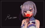  1girl bangs bare_shoulders black_background blunt_bangs braid breasts bright_pupils copyright_name emilia_(re:zero) eyebrows_visible_through_hair flower french_braid hair_flower hair_ornament hair_ribbon holding holding_flower light_purple_hair purple_ribbon re:zero_kara_hajimeru_isekai_seikatsu red_eyes red_flower ribbon rose sakio_80 short_hair solo spider_lily what_if white_flower white_pupils white_rose x_hair_ornament 