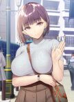  1girl bag blurry breasts brown_eyes brown_hair commentary_request depth_of_field gentsuki hand_up handbag hands highres large_breasts light_smile looking_at_viewer original pink_eyes raised_eyebrows short_hair smile solo watch 