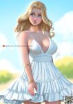  1girl bangs bare_shoulders blonde_hair blue_eyes bracelet breasts carlos_vasseur cleavage dress earrings head_tilt highres jewelry looking_to_the_side necklace original parted_bangs parted_lips pink_lips solo spaghetti_strap thick_lips white_dress 