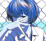  1girl bangs blue_hair blue_theme collared_shirt covered_mouth fence highres looking_at_viewer original shadow shirt short_hair solo tanaka_hirotaka upper_body white_shirt 