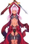  1girl armor arms_up ass_visible_through_thighs bangs black_panties blush breastplate breasts bridal_gauntlets cape chloe_von_einzbern commentary dark-skinned_female dark_skin dual_wielding fate/kaleid_liner_prisma_illya fate_(series) hair_between_eyes hair_ornament hairpin half_updo highres holding kanshou_&amp;_bakuya_(fate) long_hair long_sleeves looking_at_viewer navel orange_eyes panties pink_hair red_cape shrug_(clothing) sidelocks small_breasts smile solo stomach_tattoo sword tattoo thighs underwear waist_cape weapon zucchini 