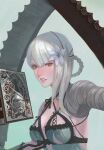  1girl bandages braid breasts elbow_gloves flower gloves hair_flower hair_ornament kaine_(nier) lingerie looking_at_viewer medium_breasts negligee nier nier_(series) panties ribbon short_hair silver_hair solo sword underwear weapon white_hair yagaminoue 