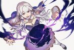  1girl beads black_footwear breasts byuub commentary detached_sleeves dress dutch_angle english_commentary fire_emblem fire_emblem:_three_houses floating_hair foot_out_of_frame grey_background long_hair looking_at_viewer lysithea_von_ordelia magic open_mouth outstretched_arms pantyhose purple_dress purple_eyes shoes silver_hair simple_background small_breasts solo veil white_legwear 