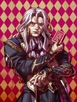  1boy black_jacket bracelet card checkered checkered_background dice final_fantasy final_fantasy_vi jacket jewelry kagelow long_hair long_sleeves looking_at_viewer male_focus playing_card popped_collar purple_eyes scar scar_across_eye scar_on_cheek scar_on_face setzer_gabbiani smile solo white_hair 