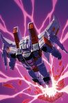  1boy airplane_wing blue_eyes casey_w._coller clenched_hands decepticon flying highres insignia looking_up mecha no_humans smile solo starscream starscream_(shattered_glass) transformers transformers:_war_for_cybertron_trilogy transformers_shattered_glass 