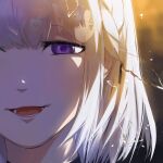  angelia_(girls_frontline) broken_glass close-up commentary_request evil_smile face girls_frontline glass highres inset mush open_mouth purple_eyes rpk-16_(girls_frontline) short_hair smile solo_focus spoilers white_hair 