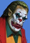  1boy amintalebiart arthur_fleck black_shirt close-up closed_mouth clown colored_skin face facepaint formal green_hair green_skin joker_(2019) joker_(dc) male_focus orc red_suit shirt solo suit warcraft 