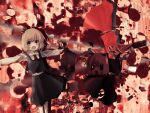  1girl abstract_background bangs black_skirt black_vest blonde_hair blood blood_splatter blush_stickers collared_shirt commentary cookie_(touhou) eyebrows_visible_through_hair fang feet_out_of_frame hair_between_eyes hair_ribbon highres looking_at_viewer nadeko_(cookie) on_(_l0_) open_mouth outstretched_arms red_eyes red_neckwear red_ribbon reflection ribbon rumia severed_head shirt short_hair skirt spread_arms surreal touhou vest white_shirt 