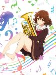  1girl artist_request barefoot bass_clef beamed_eighth_notes brown_eyes brown_hair brown_shirt brown_skirt closed_mouth eighth_note eighth_rest euphonium flat_sign half_note hibike!_euphonium highres holding holding_instrument instrument kitauji_high_school_uniform long_sleeves looking_at_viewer medium_hair musical_note natural_sign neckerchief official_art oumae_kumiko pleated_skirt quarter_rest red_neckwear sailor_collar school_uniform serafuku sharp_sign shirt skirt smile solo staff_(music) star_(symbol) toes white_background white_sailor_collar 