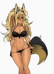  1girl ahoge animal_ears ankh_(nsfwolf) big_hair bikini bikini_pull black_bikini black_nails blush breasts claws cleavage clothes_pull constricted_pupils dark-skinned_female dark_skin english_commentary fingernails highres huge_ahoge jackal_ears large_breasts light_smile long_fingernails long_hair long_tail looking_down multicolored multicolored_tail narrow_waist navel nose_blush nsfwolf original pulled_by_self pussy_peek solo standing strapless strapless_bikini swimsuit tail thick_eyebrows thigh_gap toned white_background 