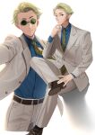  1boy akagi_kurage blonde_hair blue_shirt formal highres invisible_chair jujutsu_kaisen long_sleeves multiple_views nanami_kento necktie shirt shoes short_hair sitting standing suit sunglasses white_background yellow_neckwear 