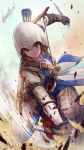  1girl arrow_(projectile) assassin&#039;s_creed_(series) assassin&#039;s_creed_iii axe bangs bow_(weapon) brown_eyes brown_gloves brown_hair coat connor_kenway connor_kenway_(cosplay) cosplay dual_wielding fingerless_gloves girls_und_panzer gloves highres holding holding_axe holding_knife hood hood_up hooded_coat knife long_sleeves nishizumi_miho shinmai_(kyata) short_hair solo tomahawk weapon white_coat 