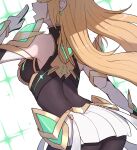  1girl absurdres bangs bare_shoulders black_legwear blonde_hair breasts dress earrings elbow_gloves gloves grimmelsdathird hair_ornament headpiece highres jewelry long_hair mythra_(massive_melee)_(xenoblade) mythra_(xenoblade) pantyhose solo super_smash_bros. swept_bangs tiara very_long_hair white_dress xenoblade_chronicles_(series) xenoblade_chronicles_2 