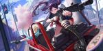  1boy 1girl black_hair boots car city driving grey_hair ground_vehicle gun handgun highres lamppost leggings motor_vehicle ning_(smc) official_art pistol punk red_eyes rifle road_sign rom_(smc) sign smile spiked_hair super_mecha_champions tire twintails weapon 