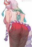 1girl ass breasts cutesexyrobutts from_behind green_hair hanging_breasts highres horns large_breasts long_hair multicolored_hair one_piece patreon_username ponytail rope sideboob simple_background solo two-tone_hair white_background white_hair yamato_(one_piece) 