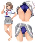  1girl bangs barefoot blue_eyes blue_swimsuit breasts brown_hair closed_mouth clothes_lift commentary_request covered_navel eyebrows_visible_through_hair grey_sailor_collar grey_skirt hair_between_eyes hand_on_hip hand_up highres legs looking_at_viewer love_live! love_live!_sunshine!! medium_breasts multiple_views nonaka_ritsu one-piece_swimsuit pleated_skirt puffy_short_sleeves puffy_sleeves red_neckwear sailor_collar school_uniform serafuku shirt short_sleeves simple_background skirt skirt_lift smile standing swimsuit swimsuit_under_clothes watanabe_you white_background white_shirt 