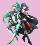  2girls absurdres bangs blue_eyes blue_hair breasts byleth_(fire_emblem) byleth_(fire_emblem)_(female) cape chest_jewel crossover earrings fire_emblem fire_emblem:_three_houses gloves green_eyes green_hair high_heels highres jarckius jewelry large_breasts long_hair medium_hair multiple_girls navel pantyhose pneuma_(xenoblade) ponytail simple_background swept_bangs tiara very_long_hair xenoblade_chronicles_(series) xenoblade_chronicles_2 