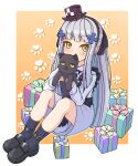  1girl absurdres animal black_ribbon blush box cat covering_mouth eyebrows_visible_through_hair facial_hair full_body gift gift_box girls_frontline green_eyes hair_ornament hair_ribbon hairband hat highres hk416_(girls_frontline) holding holding_animal holding_cat long_hair long_sleeves looking_at_viewer meatbandit mini_hat official_alternate_costume paw_print paw_print_background ribbon silver_hair socks solo younger 