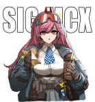  1girl belt_pouch breasts bubble_tea burger character_name checkered checkered_neckwear cheogtanbyeong collared_shirt commentary_request food food_on_face girls_frontline gloves goggles goggles_on_head highres holding holding_food jacket korean_commentary large_breasts long_hair long_sleeves looking_at_viewer mole mole_under_eye open_clothes open_jacket open_mouth pink_hair pleated_skirt pouch red_eyes shirt sig_mcx_(girls_frontline) skirt solo taser upper_body white_background white_shirt 
