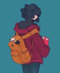  1girl backpack bag black_cat black_hair black_pants black_sweater blue_background book cat coat cowboy_shot elliemaplefox from_behind hair_over_eyes highres medium_hair orange_bag original pants profile red_coat simple_background solo sweater 