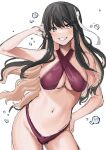  1girl akagi_kurage bangs bikini black_hair breasts bubble cleavage criss-cross_halter eyebrows_visible_through_hair grin hair_between_eyes halterneck hand_on_hip highres kantai_collection large_breasts long_hair multicolored_hair naganami_(kancolle) pink_hair red_bikini sidelocks simple_background sketch smile solo swimsuit two-tone_background wavy_mouth white_background 