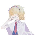  1girl alice_margatroid bangs blonde_hair blue_dress capelet chinese_commentary cigarette collared_capelet commentary_request cookie_(touhou) dress frilled_hairband frills grin hair_between_eyes hair_over_eyes hairband jigen_(cookie) necktie on_(_l0_) red_hairband red_neckwear red_sash sash sharp_teeth short_hair simple_background smile solo teeth touhou upper_body white_background white_capelet 
