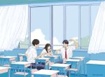  1girl 2boys arms_up black_hair blue_sky brown_hair chair classroom cloud cloudy_sky collared_shirt curtains desk highres indoors long_hair multiple_boys necktie original parted_lips profile red_neckwear shirt short_hair short_sleeves sky smile tanaka_hirotaka white_shirt window 