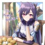  1girl bangs birthday blush border breasts chair choker coat collared_dress commentary_request dated double_bun dress ebiri_fy eyebrows_visible_through_hair feathers flower food fried_food frilled_gloves frills genshin_impact gloves hair_between_eyes hair_cones hair_ornament hairpin happy_birthday head_rest highres keqing_(genshin_impact) light_smile long_hair looking_at_viewer neck_tassel overcoat plate purple_choker purple_dress purple_eyes purple_feathers purple_hair sitting small_breasts solo table twintails upper_body white_border white_flower 