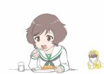  2girls akiyama_yukari bodysuit brown_eyes brown_hair copyright_request cup eating food girls_und_panzer gloves helmet messy_hair multiple_girls ooarai_school_uniform open_mouth plate school_uniform short_hair spoon ueyama_michirou 